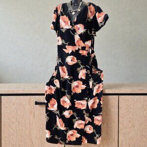 RnB Plus Size Dress 3X black floral Maxi Dress Wrap dress short sleeve